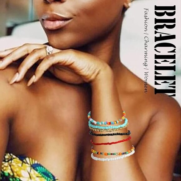 7pcs Handmade Beaded African Anklets Multicolor Women Stretch Seed Beads Rainbow - Picture 5 of 5